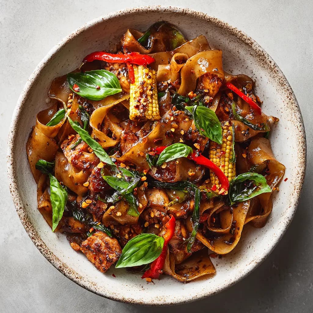 Thai Drunken Noodles (Pad Kee Mao) With Chicken and Basil