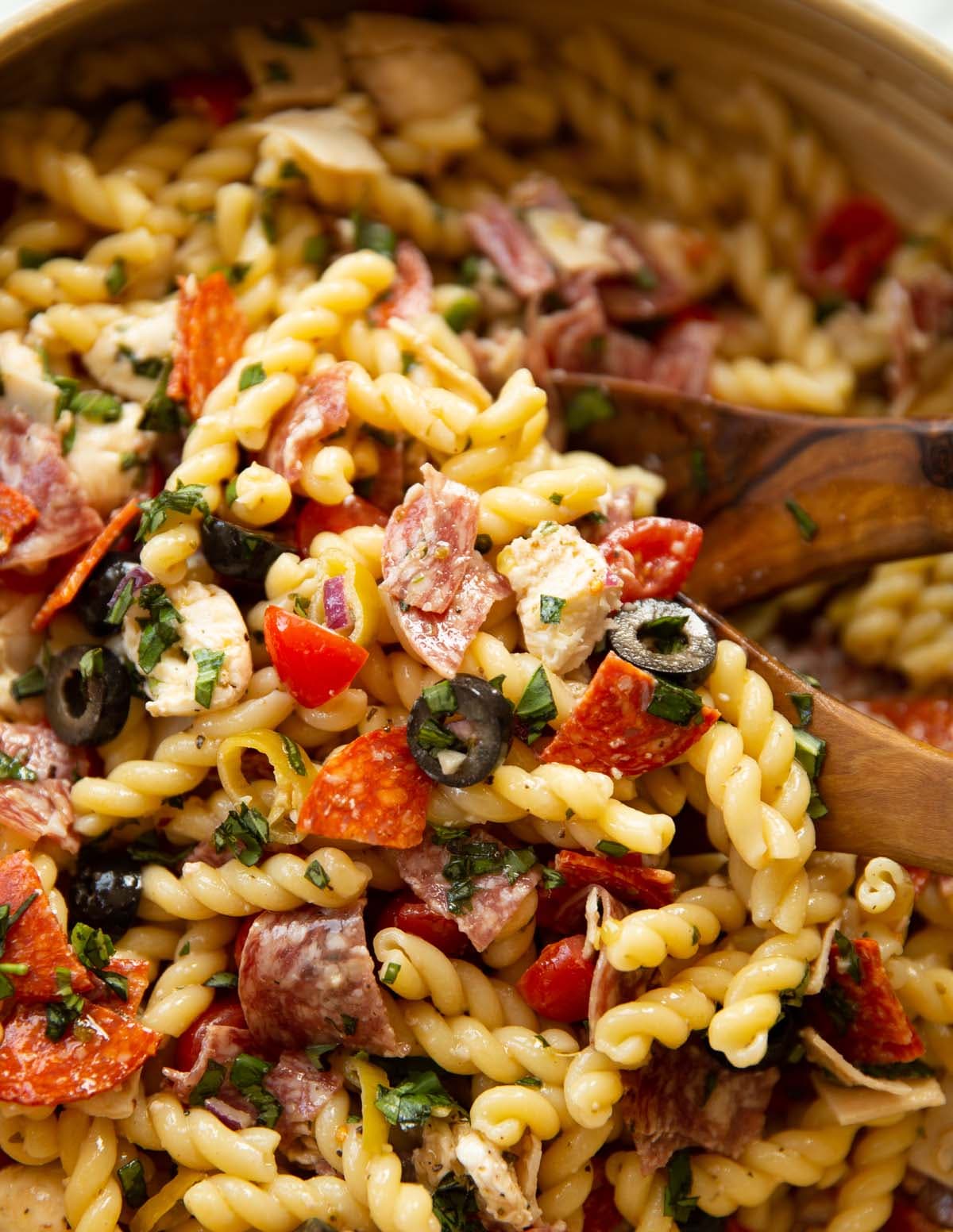 Italian Sub Pasta Salad with Pepperoni, Salami, and Mozzarella