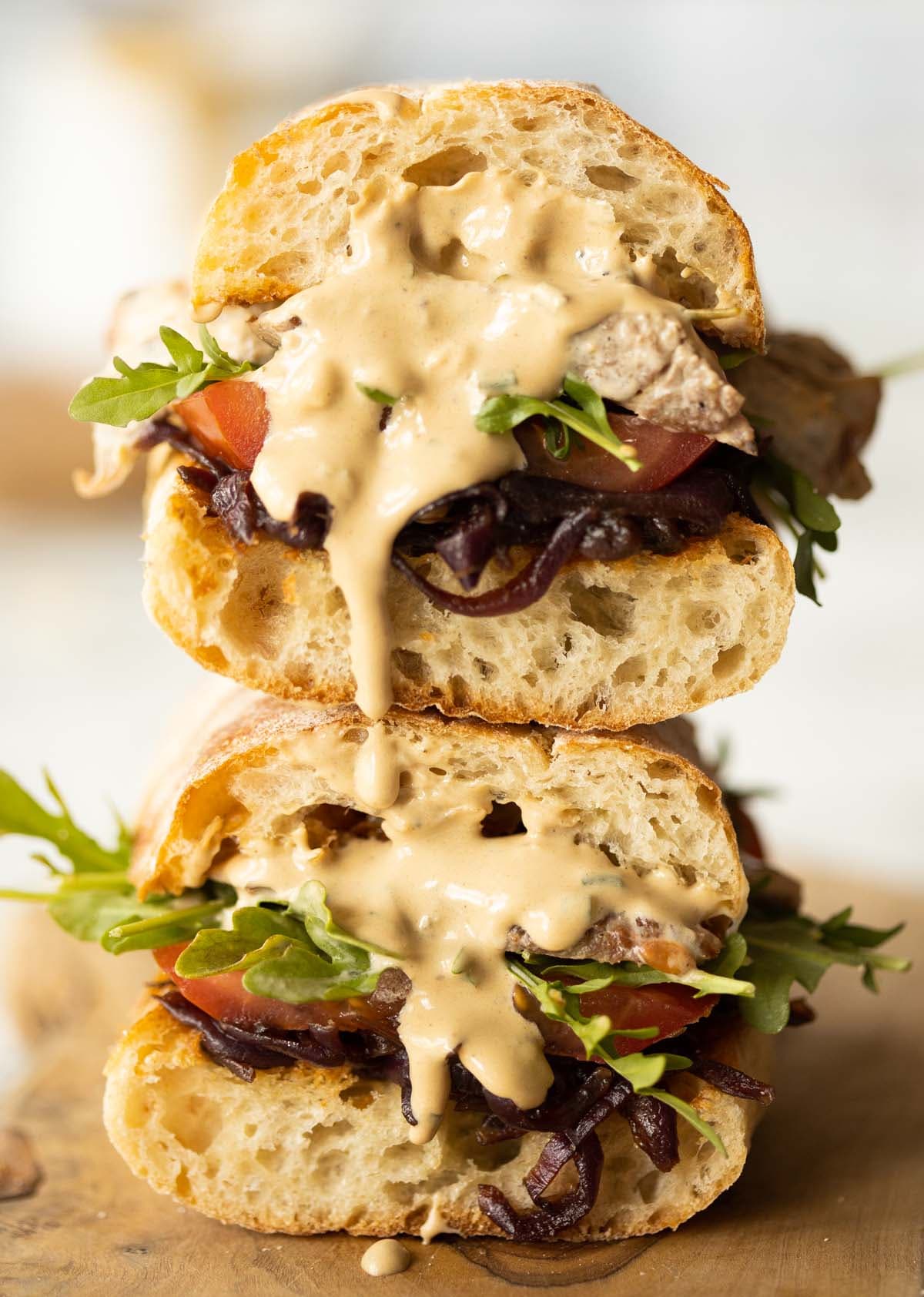 Steak Sandwich with Caramelised Onions and Blue Cheese Sauce
