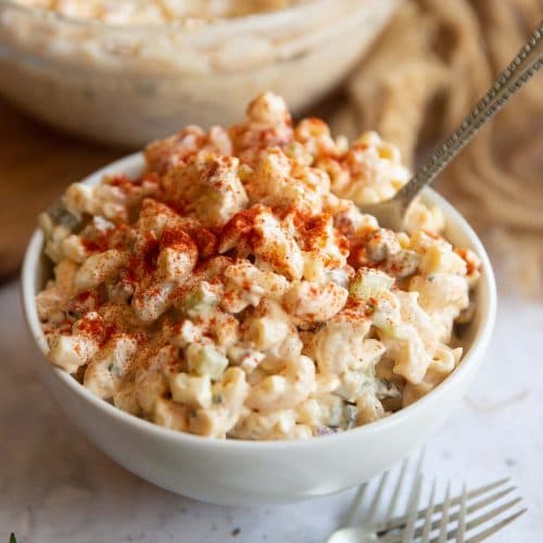 Deviled Egg Pasta Salad with Bacon and Dill Pickles