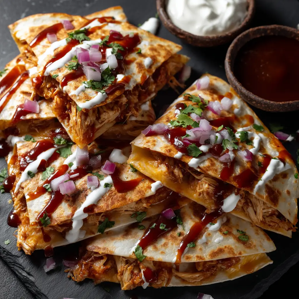 Hot Honey BBQ Chicken Quesadillas with Monterey Jack and Cheddar