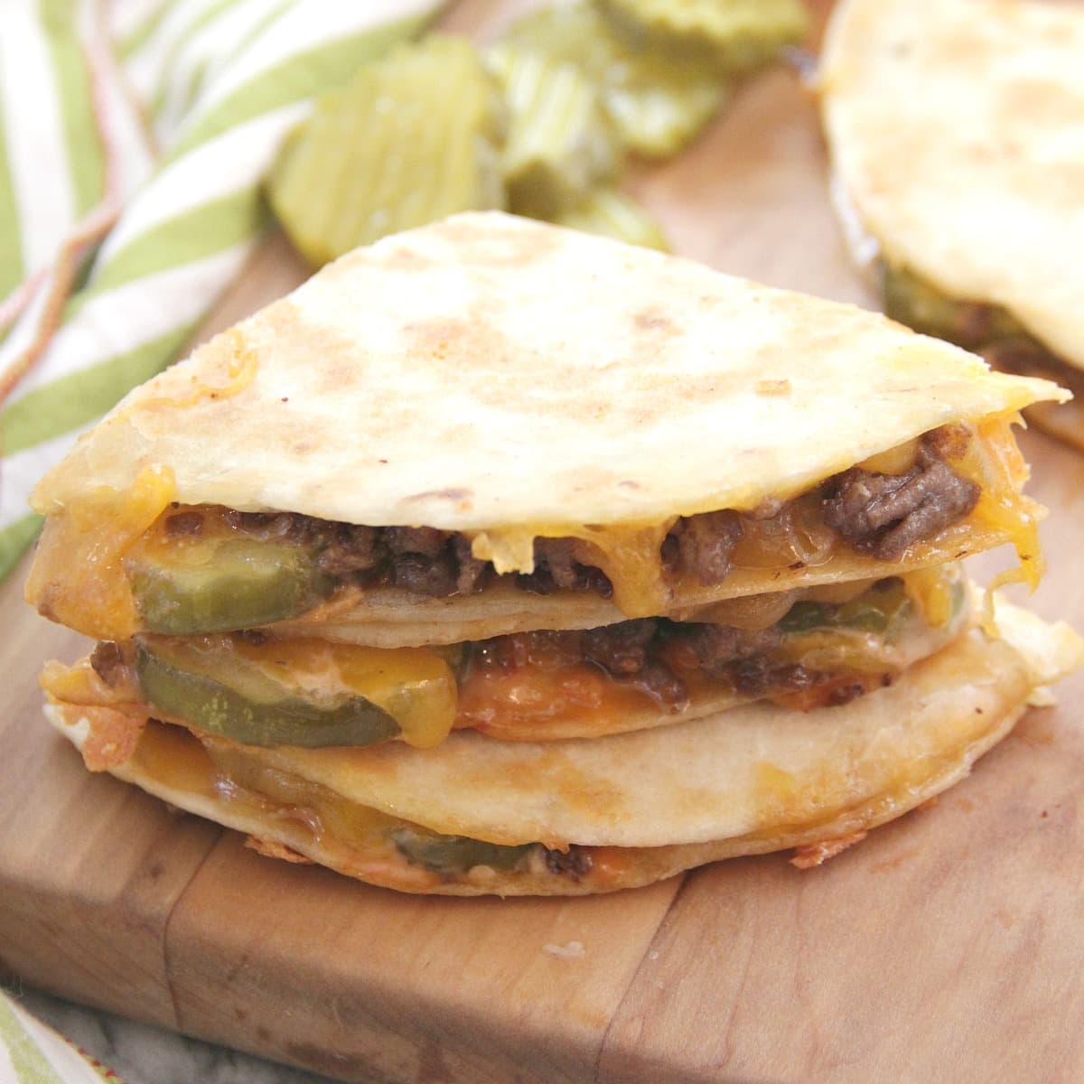 Cheeseburger Quesadillas with Burger Sauce and Pickles