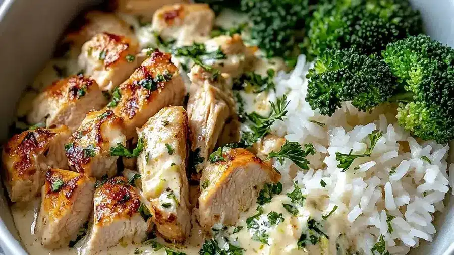 Creamy Garlic Chicken Rice Bowls with Parmesan Sauce and Broccoli