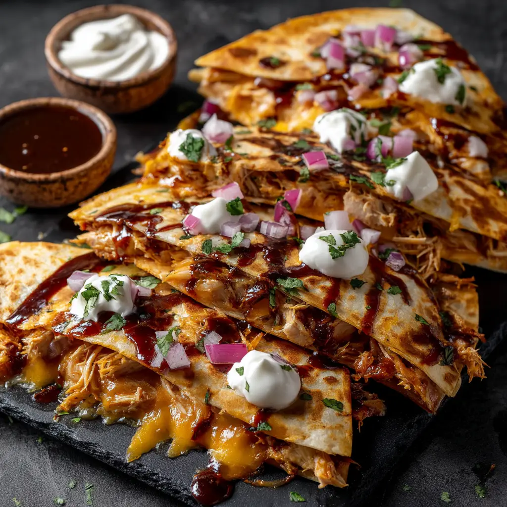 Hot Honey BBQ Chicken Quesadillas with Monterey Jack and Cheddar