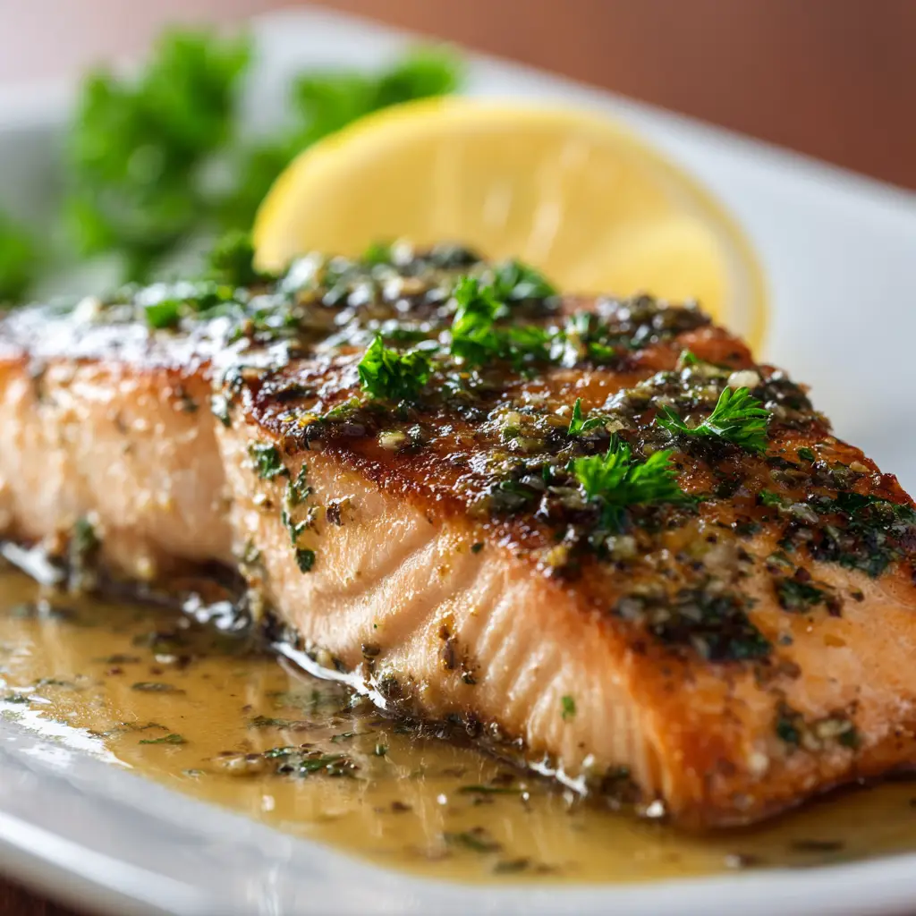 Baked Lemon Garlic Butter Salmon With Fresh Parsley and Flaky Texture